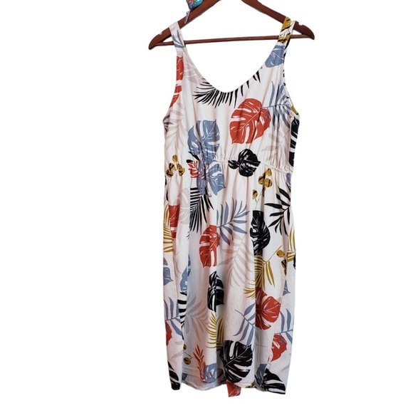 Monteau Linen Blend Palm Pattern Sundress Large Natural Beige Multicolor Dress - Picture 6 of 13